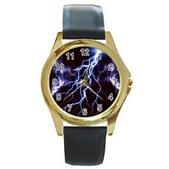 Blue Thunder at night, Colorful Lightning graphic Round Gold Metal Watch