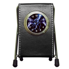 Blue Thunder at night, Colorful Lightning graphic Pen Holder Desk Clock