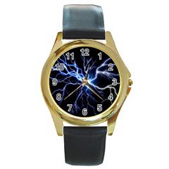 Blue Electric Thunder Storm, Colorful Lightning Graphic Round Gold Metal Watch by picsaspassion