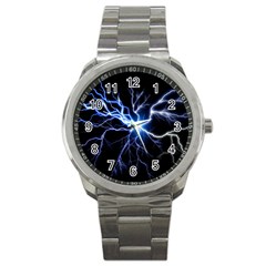 Blue Electric Thunder Storm, Colorful Lightning Graphic Sport Metal Watch by picsaspassion