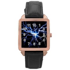 Blue Electric Thunder Storm, Colorful Lightning Graphic Rose Gold Leather Watch  by picsaspassion