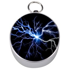 Blue Electric Thunder Storm, Colorful Lightning Graphic Silver Compasses by picsaspassion