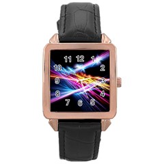 Colorful Neon Light Rays, Rainbow Colors Graphic Art Rose Gold Leather Watch  by picsaspassion