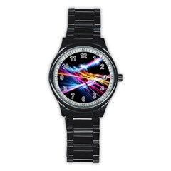 Colorful Neon Light Rays, Rainbow Colors Graphic Art Stainless Steel Round Watch by picsaspassion