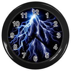 Blue Lightning At Night, Modern Graphic Art  Wall Clock (black) by picsaspassion