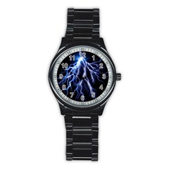 Blue Lightning At Night, Modern Graphic Art  Stainless Steel Round Watch by picsaspassion