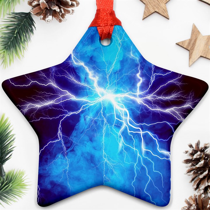 Blue Lightning thunder at night, graphic art 3 Ornament (Star)