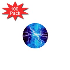 Blue Lightning Thunder At Night, Graphic Art 3 1  Mini Buttons (100 Pack)  by picsaspassion