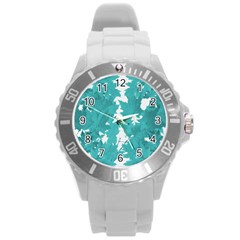 Blue Autumn Maple leaves collage, graphic design Round Plastic Sport Watch (L)