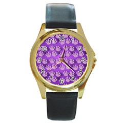 Pattern Texture Feet Dog Purple Round Gold Metal Watch