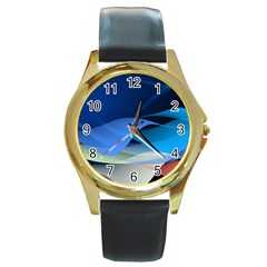 Flower Background Blue Design Round Gold Metal Watch by Dutashop