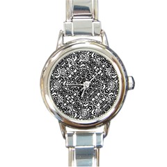 Interlace Black And White Pattern Round Italian Charm Watch by dflcprintsclothing