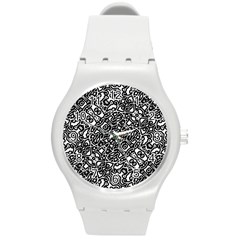 Interlace Black And White Pattern Round Plastic Sport Watch (m)