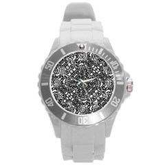 Interlace Black And White Pattern Round Plastic Sport Watch (l) by dflcprintsclothing