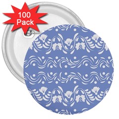 Blue White Ornament 3  Buttons (100 Pack)  by Eskimos