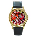 Maze Abstract Texture Rainbow Round Gold Metal Watch Front