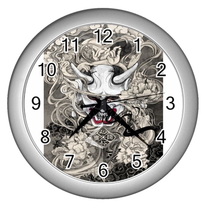 Samurai Oni Mask Wall Clock (Silver)