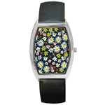 Floral abstract vector seamless pattern with chamomile and alpine flowers in minimalistic style. Hand-drawn botanical repeated background   Barrel Style Metal Watch Front