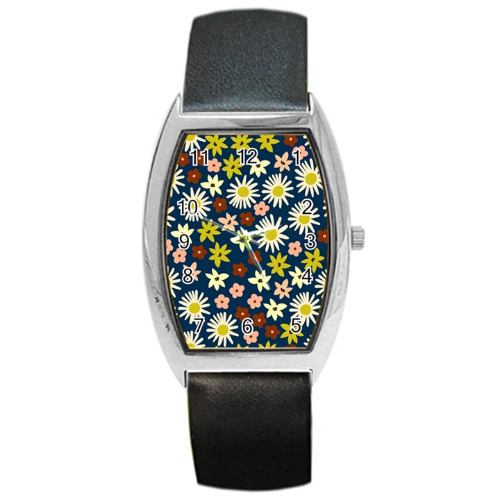 Floral abstract vector seamless pattern with chamomile and alpine flowers in minimalistic style. Hand-drawn botanical repeated background   Barrel Style Metal Watch