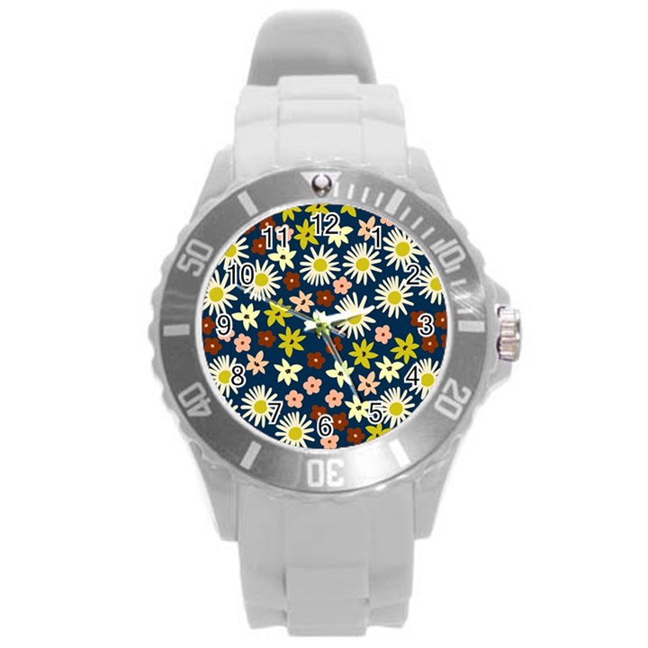 Floral abstract vector seamless pattern with chamomile and alpine flowers in minimalistic style. Hand-drawn botanical repeated background   Round Plastic Sport Watch (L)