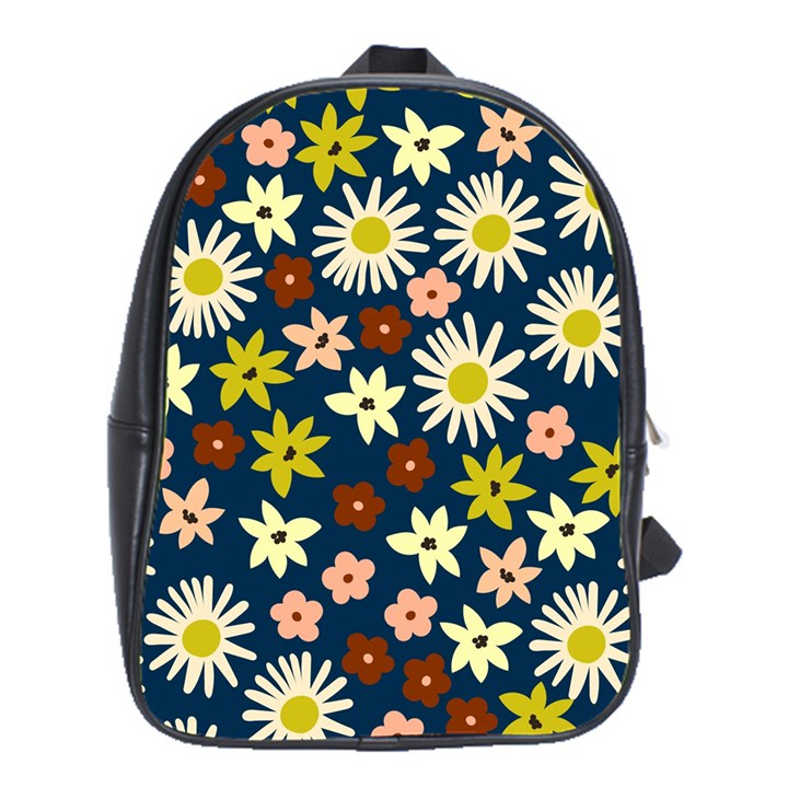 Floral abstract vector seamless pattern with chamomile and alpine flowers in minimalistic style. Hand-drawn botanical repeated background   School Bag (XL)