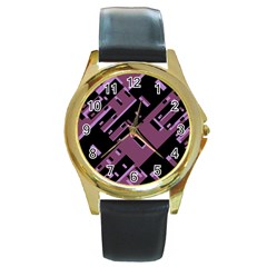 Dark Geometric Shapes Print Pattern Round Gold Metal Watch