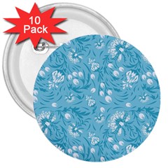 Blue White Flowers 3  Buttons (10 Pack)  by Eskimos