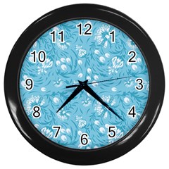 Blue White Flowers Wall Clock (black) by Eskimos