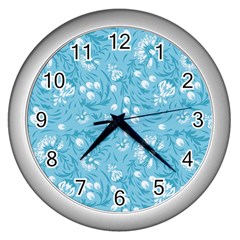 Blue White Flowers Wall Clock (silver) by Eskimos