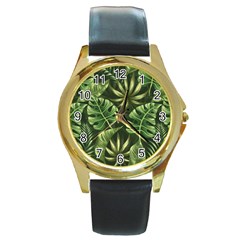 Green Tropical Leaves Round Gold Metal Watch by goljakoff