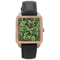 Green Tropical Leaves Rose Gold Leather Watch  by goljakoff