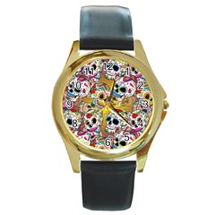 Sugar Skulls Round Gold Metal Watch by ExtraGoodSauce