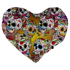 Sugar Skulls Large 19  Premium Heart Shape Cushions by ExtraGoodSauce