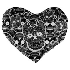 Sugar Skulls Bw Large 19  Premium Heart Shape Cushions by ExtraGoodSauce