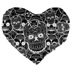 Sugar Skulls Bw Large 19  Premium Flano Heart Shape Cushions by ExtraGoodSauce