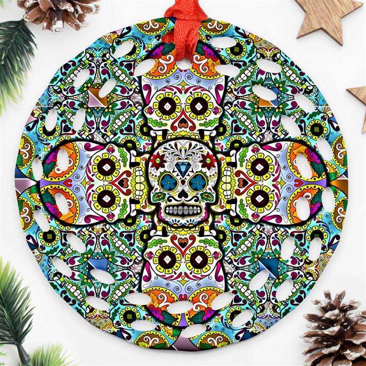 Sugar Skulls Pattern Round Filigree Ornament (Two Sides)