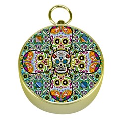 Sugar Skulls Pattern Gold Compasses by ExtraGoodSauce