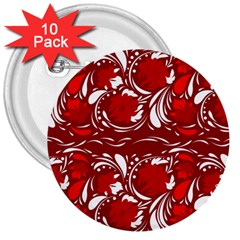 Red Ethnic Flowers 3  Buttons (10 Pack)  by Eskimos