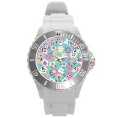 Floral Pattern Round Plastic Sport Watch (l) by ExtraGoodSauce