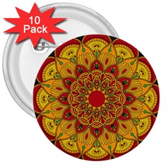 Mandela Flower Orange And Red 3  Buttons (10 Pack)  by ExtraGoodSauce