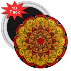 Mandela Flower Orange And Red 3  Magnets (10 Pack)  by ExtraGoodSauce