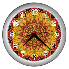 Mandela Flower Orange And Red Wall Clock (silver) by ExtraGoodSauce