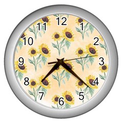 Sunflowers Pattern Wall Clock (silver) by ExtraGoodSauce