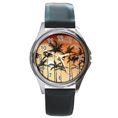 Sunset Palm Trees Beach Summer Round Metal Watch by ExtraAwesomeSauce