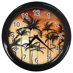 Sunset Palm Trees Beach Summer Wall Clock (black) by ExtraGoodSauce