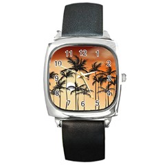 Sunset Palm Trees Beach Summer Square Metal Watch by ExtraAwesomeSauce