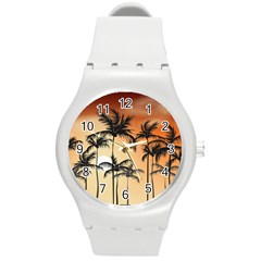 Sunset Palm Trees Beach Summer Round Plastic Sport Watch (m) by ExtraGoodSauce