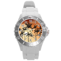 Sunset Palm Trees Beach Summer Round Plastic Sport Watch (l) by ExtraGoodSauce