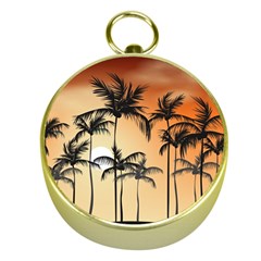 Sunset Palm Trees Beach Summer Gold Compasses by ExtraGoodSauce