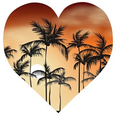 Sunset Palm Trees Beach Summer Wooden Puzzle Heart by ExtraGoodSauce